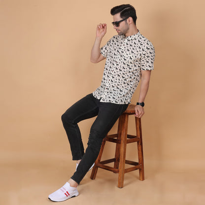 Men's White Cotton Half-Sleeve Shirt with Horse Print