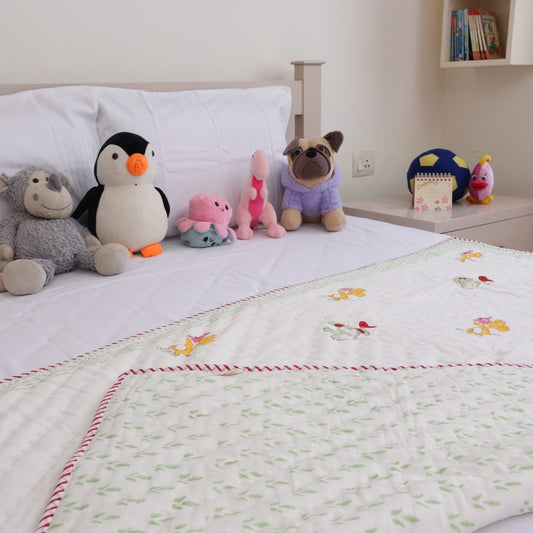 Bunny & Heart Balloon Hand Block Printed Kids' Quilt