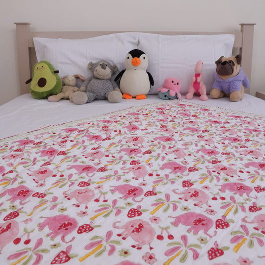 Handblock Printed Cotton Kids’ Quilt – Pink Elephant Design