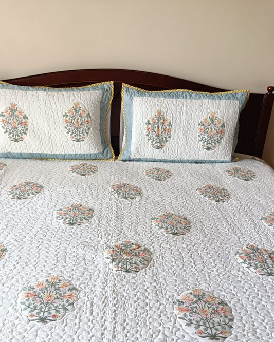 Yellow Flower with Blue & Yellow Border, Handblock Quilted Comforter Set with 2 Pillow Covers