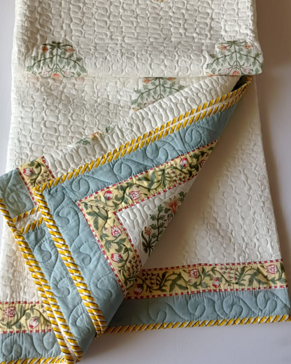 Yellow Flower with Blue & Yellow Border, Handblock Quilted Comforter Set with 2 Pillow Covers