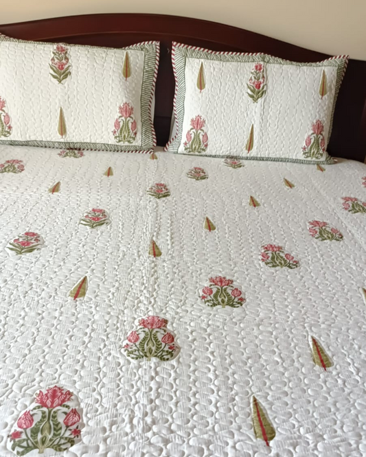 Pink Flower , Handblock Quilted Comforter Set with 2 Pillow Covers