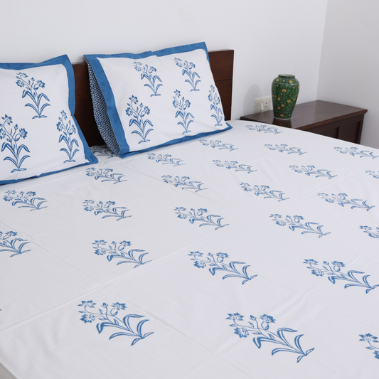 Blue Floral Handblock Printed Cotton Bedsheet