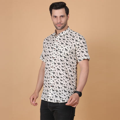 Men's White Cotton Half-Sleeve Shirt with Horse Print