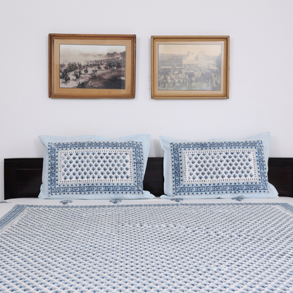 Blue Floral Handblock Printed Cotton Bedcover