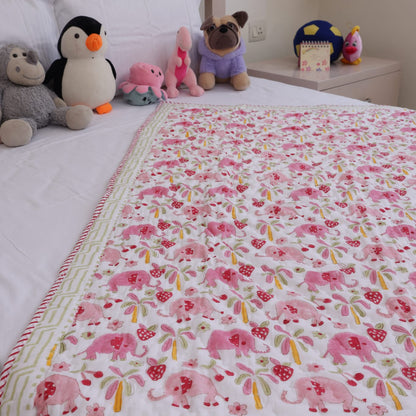 Handblock Printed Cotton Kids’ Quilt – Pink Elephant Design