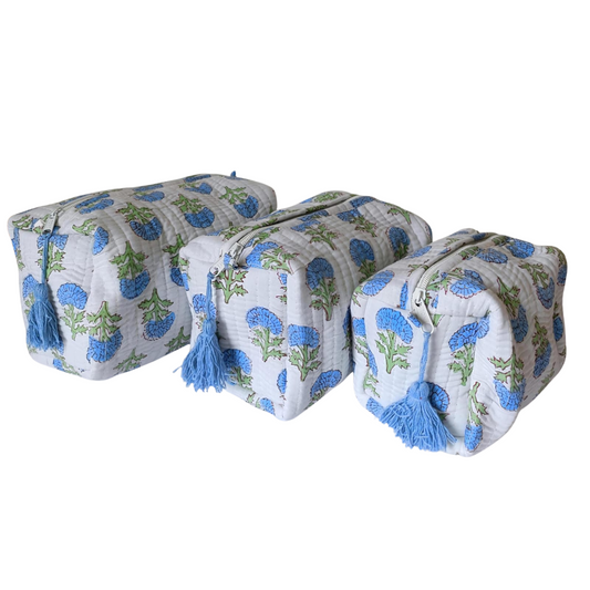 Blue Blossom Quilted Travel Kit – Set of 3