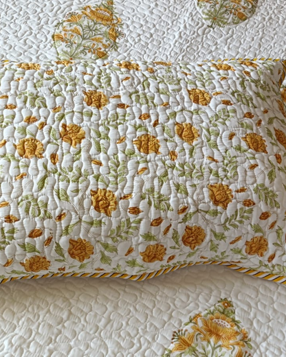 Yellow Flower Booti, Handblock Quilted Comforter Set with 2 Pillow Covers