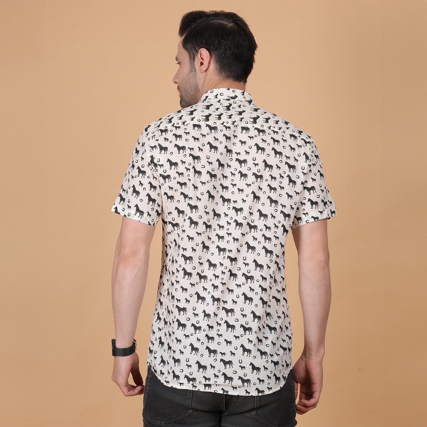 Men's White Cotton Half-Sleeve Shirt with Horse Print