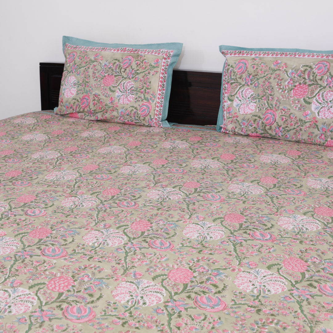 Pink Floral Handblock Printed Cotton Bedcover