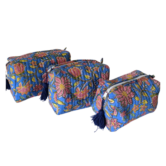 Blue Bloom Handblock Quilted Travel Kit – Set of 3
