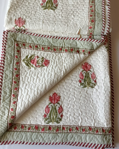 Pink Flower , Handblock Quilted Comforter Set with 2 Pillow Covers