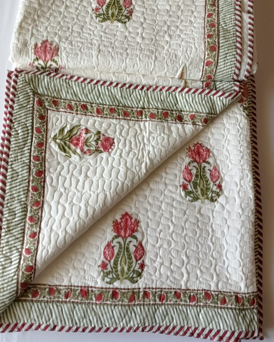 Pink Flower , Handblock Quilted Comforter Set with 2 Pillow Covers