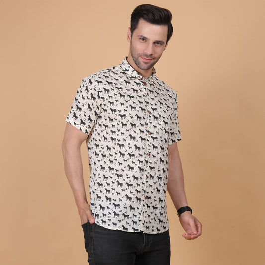 Men's White Cotton Half-Sleeve Shirt with Horse Print