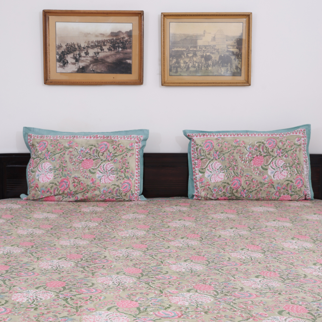 Pink Floral Handblock Printed Cotton Bedcover