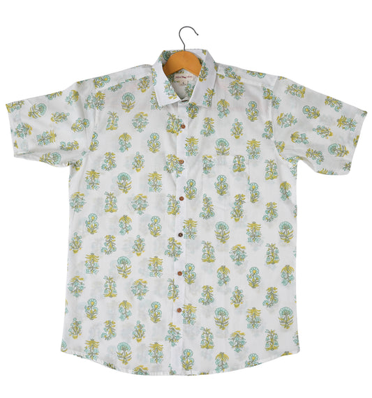 Casual Elegance Floral Motif in Green and Yellow Shirt