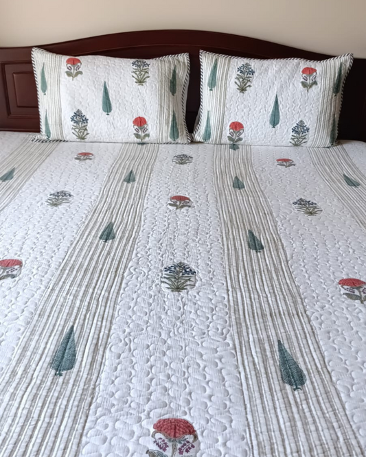 Orange Flower , Handblock Quilted Comforter Set with 2 Pillow Covers