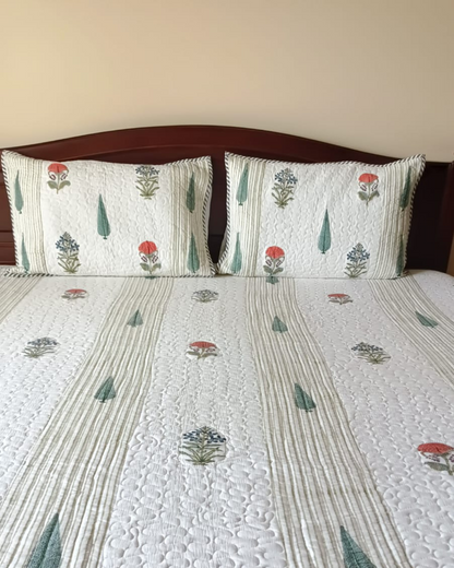 Orange Flower , Handblock Quilted Comforter Set with 2 Pillow Covers