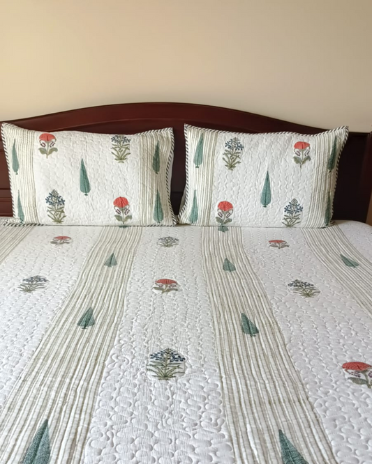 Orange Flower , Handblock Quilted Comforter Set with 2 Pillow Covers