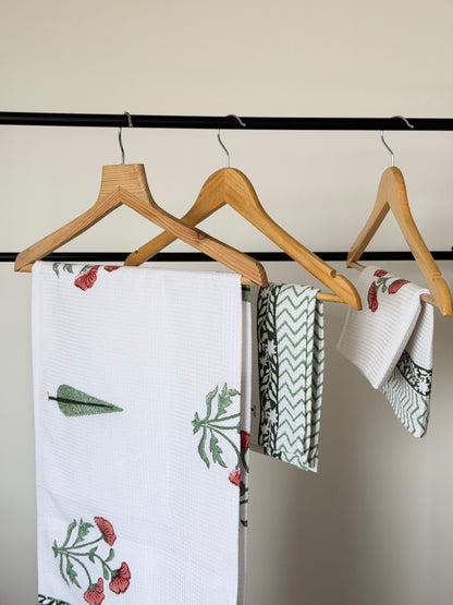 Red Flower Handblock Cotton Towel & Napkin Set