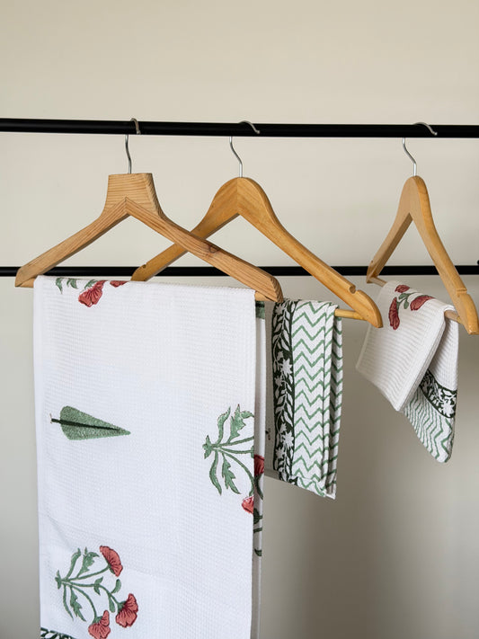 Red Flower Handblock Cotton Towel & Napkin Set