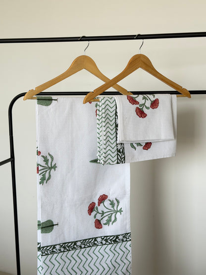 Red Flower Handblock Cotton Towel & Napkin Set