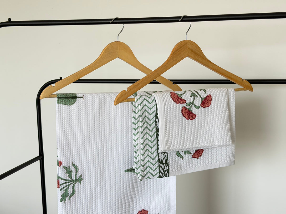 Red Flower Handblock Cotton Towel & Napkin Set