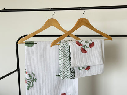 Red Flower Handblock Cotton Towel & Napkin Set