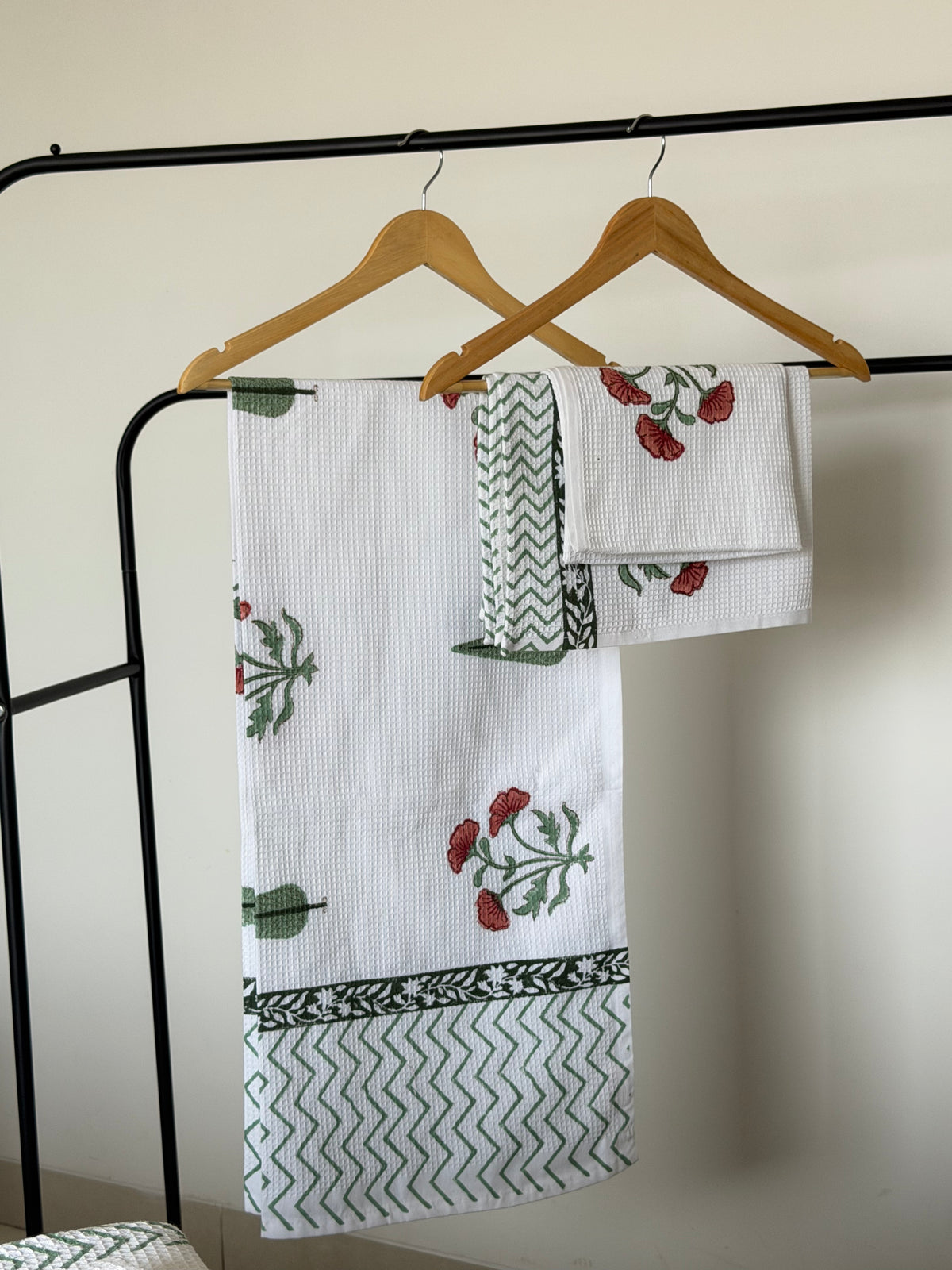 Red Flower Handblock Cotton Towel & Napkin Set