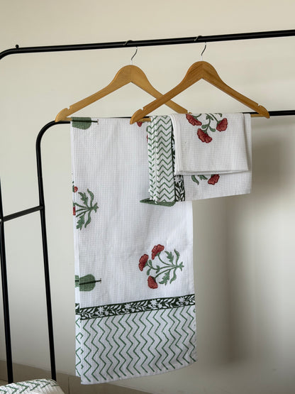Red Flower Handblock Cotton Towel & Napkin Set