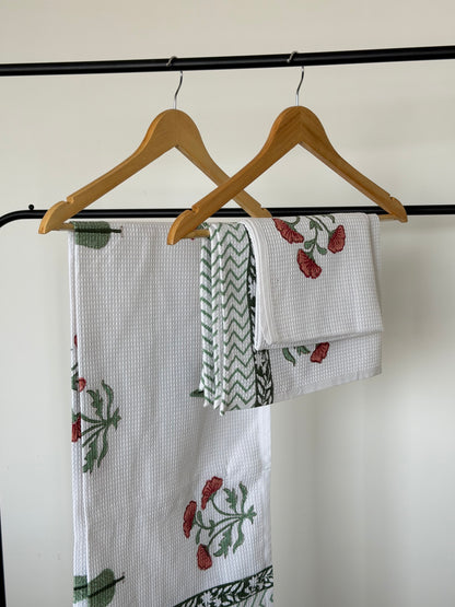Red Flower Handblock Cotton Towel & Napkin Set