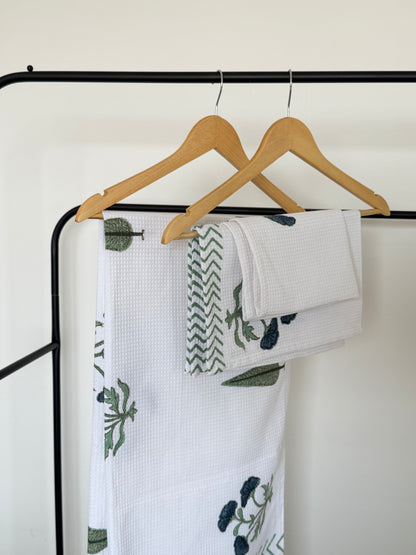 Blue Flower Handblock Cotton Towel & Napkin Set