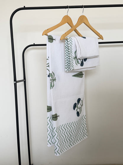 Blue Flower Handblock Cotton Towel & Napkin Set