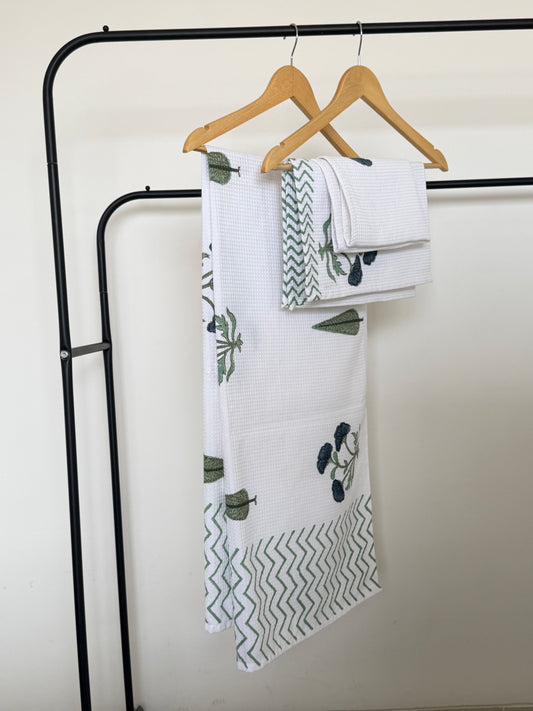 Blue Flower Handblock Cotton Towel & Napkin Set