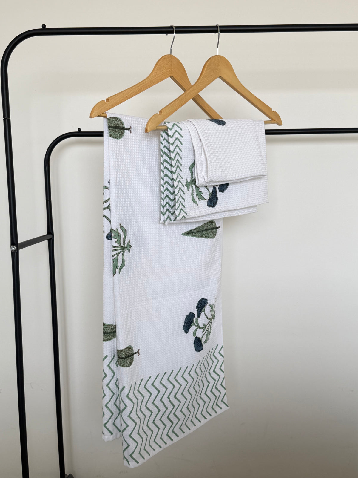 Blue Flower Handblock Cotton Towel & Napkin Set
