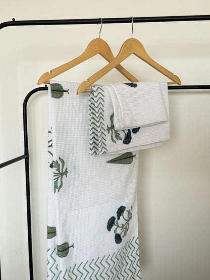 Blue Flower Handblock Cotton Towel & Napkin Set