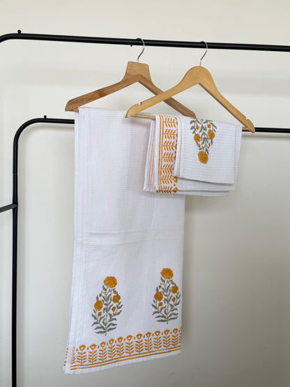 Mustard Flower Handblock Cotton Towel & Napkin Set
