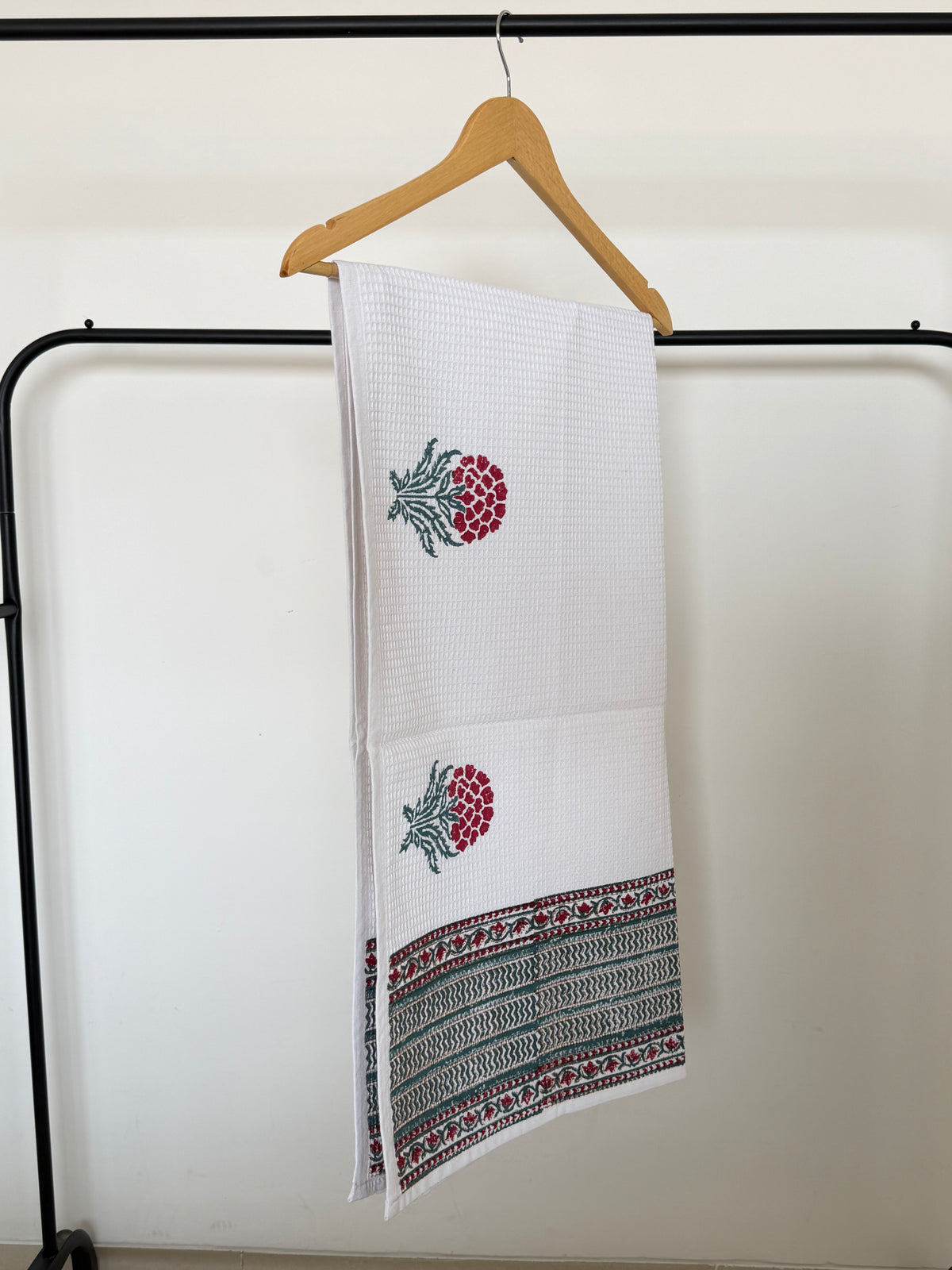 Grey Stem Red Flower Handblock Cotton Single Towel