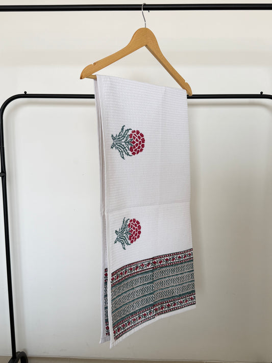 Grey Stem Red Flower Handblock Cotton Single Towel