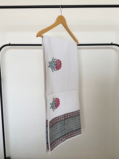 Grey Stem Red Flower Handblock Cotton Single Towel