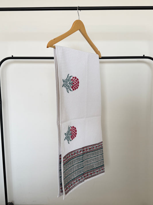 Grey Stem Red Flower Handblock Cotton Single Towel