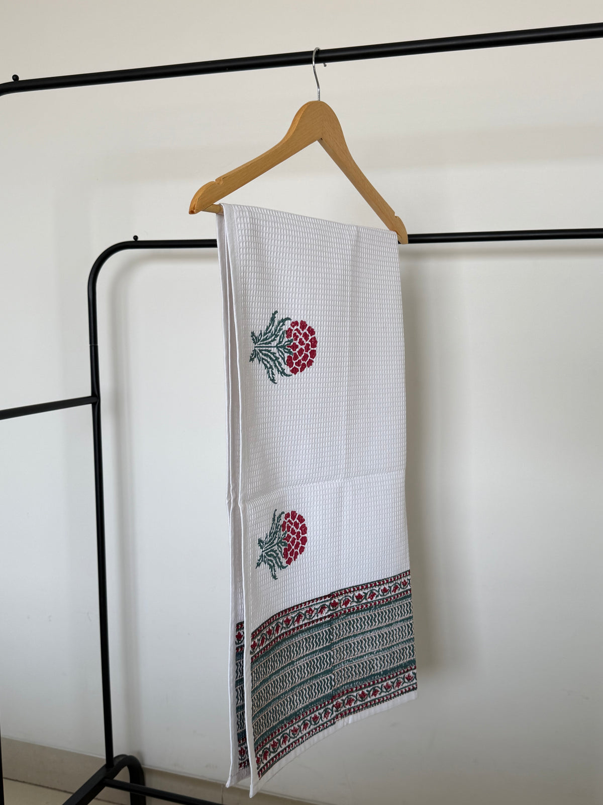 Grey Stem Red Flower Handblock Cotton Single Towel