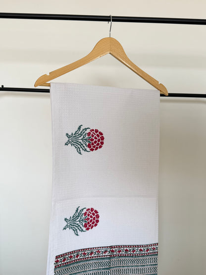 Grey Stem Red Flower Handblock Cotton Single Towel
