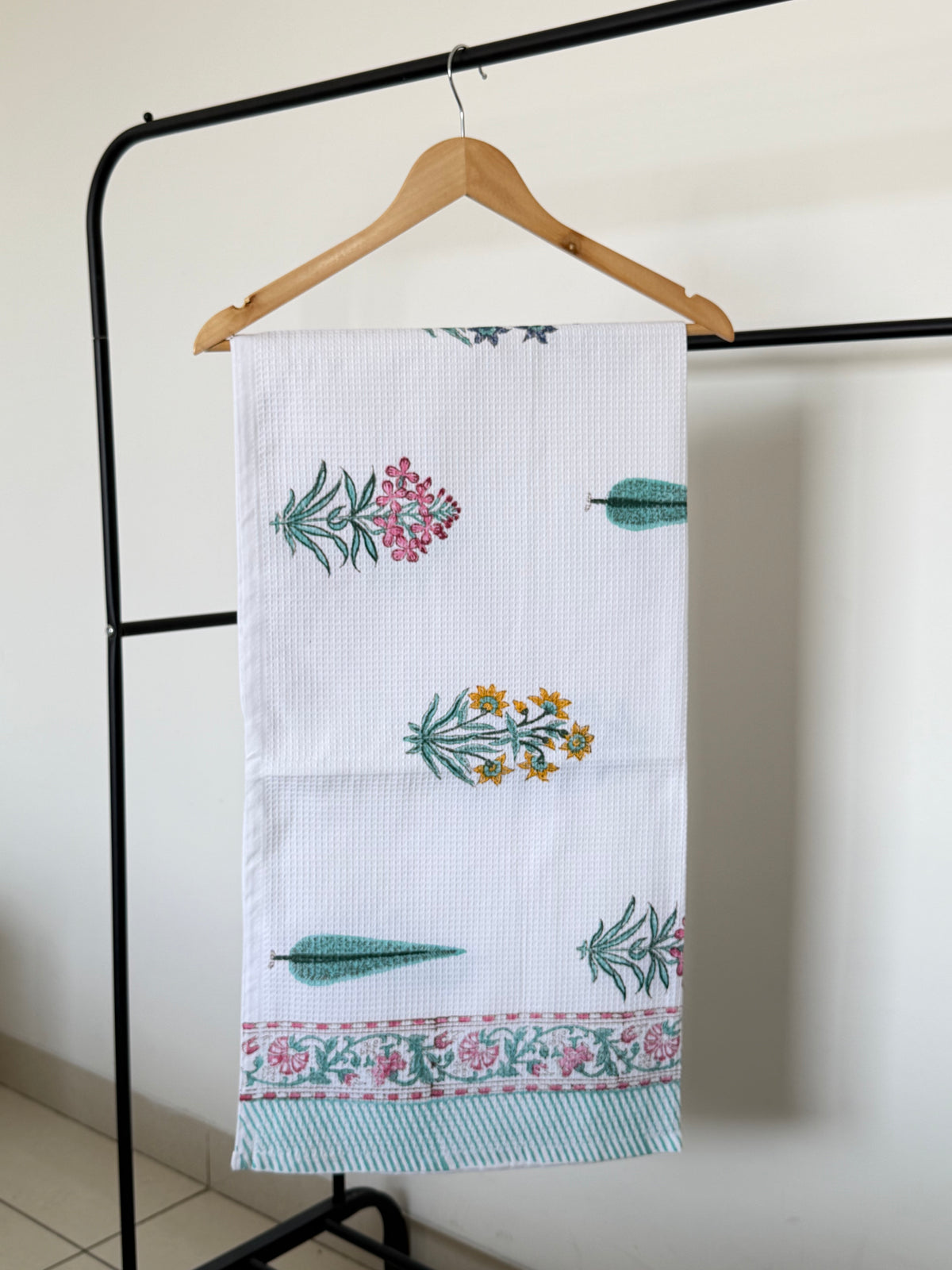 Multi Colour Flower & Leaf Handblock Cotton Single Towel