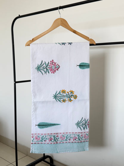 Multi Colour Flower & Leaf Handblock Cotton Single Towel