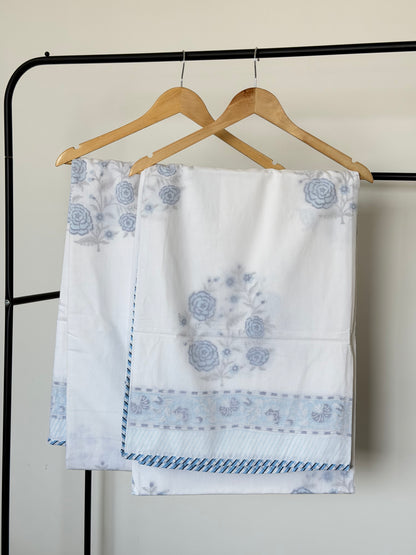 Blue Rose Floral 3D - Single Pair Dohar in Mulmul