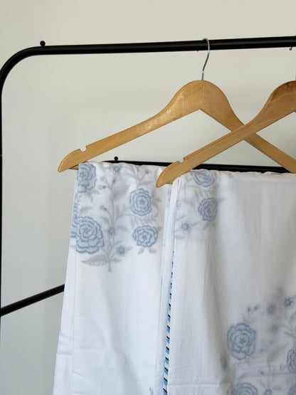 Blue Rose Floral 3D - Single Pair Dohar in Mulmul