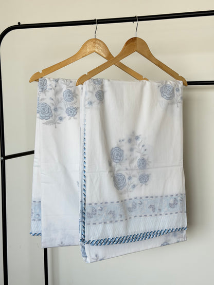 Blue Rose Floral 3D - Single Pair Dohar in Mulmul