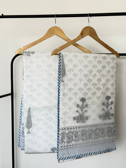 Blue Flower & Grey Leaf 3D - Single Pair Dohar in Mulmul