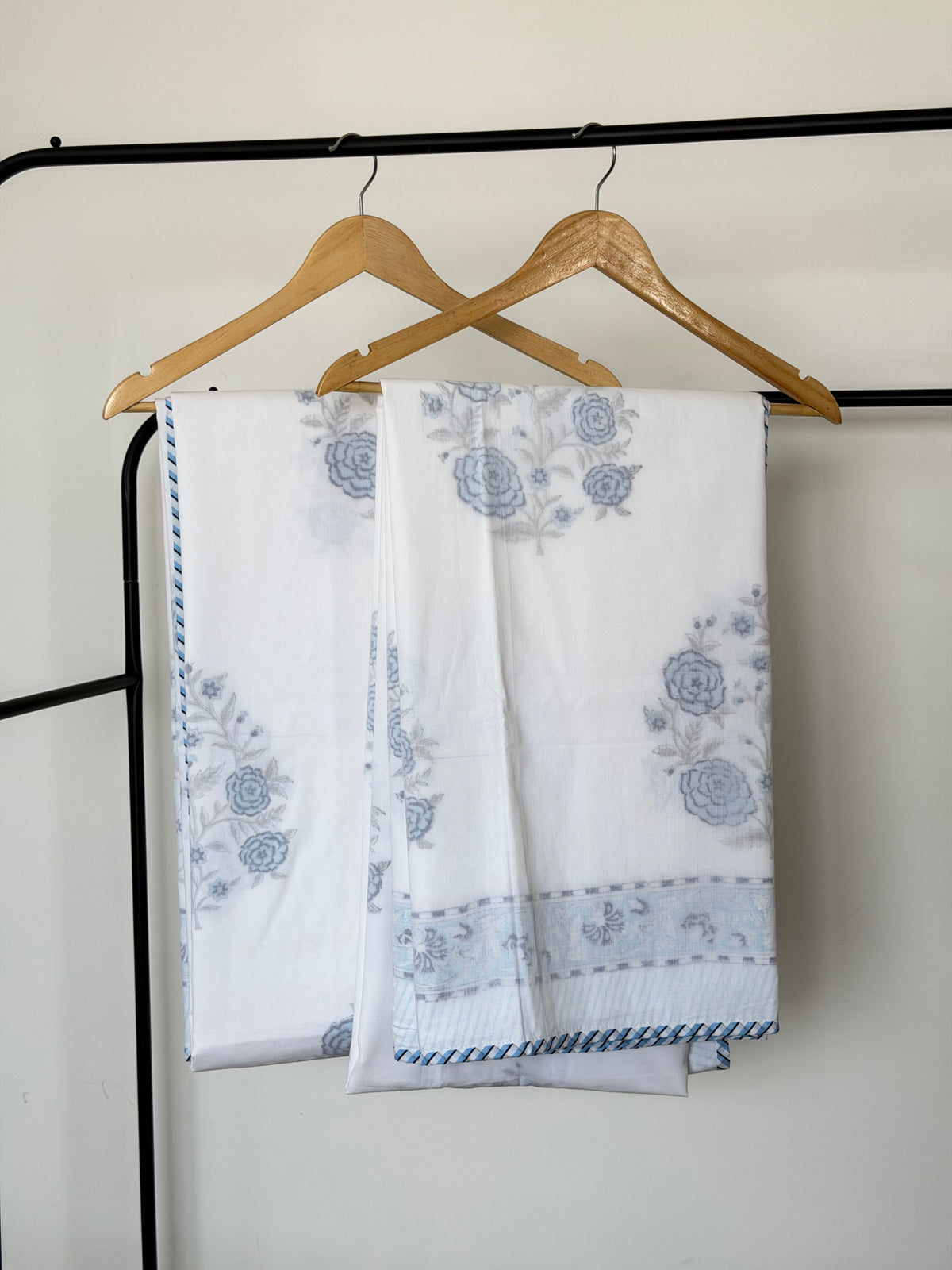 Blue Rose Floral 3D - Single Pair Dohar in Mulmul